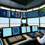 **

> A modern air traffic control tower with controllers working diligently at their consoles. Radar screens show aircraft movements, and a clear blue sky with airplanes taking off and landing is visible through the windows. The scene emphasizes safety, technology, and the human element working together. Incorporate Arabic script subtly in the background (e.g., on a screen display).

**