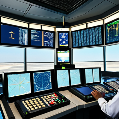 **

> A modern air traffic control tower with controllers working diligently at their consoles. Radar screens show aircraft movements, and a clear blue sky with airplanes taking off and landing is visible through the windows. The scene emphasizes safety, technology, and the human element working together. Incorporate Arabic script subtly in the background (e.g., on a screen display).

**