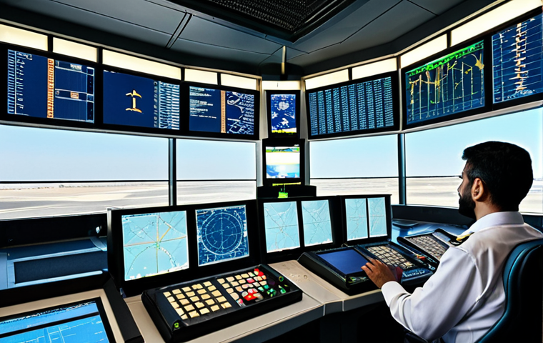 **

> A modern air traffic control tower with controllers working diligently at their consoles. Radar screens show aircraft movements, and a clear blue sky with airplanes taking off and landing is visible through the windows. The scene emphasizes safety, technology, and the human element working together. Incorporate Arabic script subtly in the background (e.g., on a screen display).

**